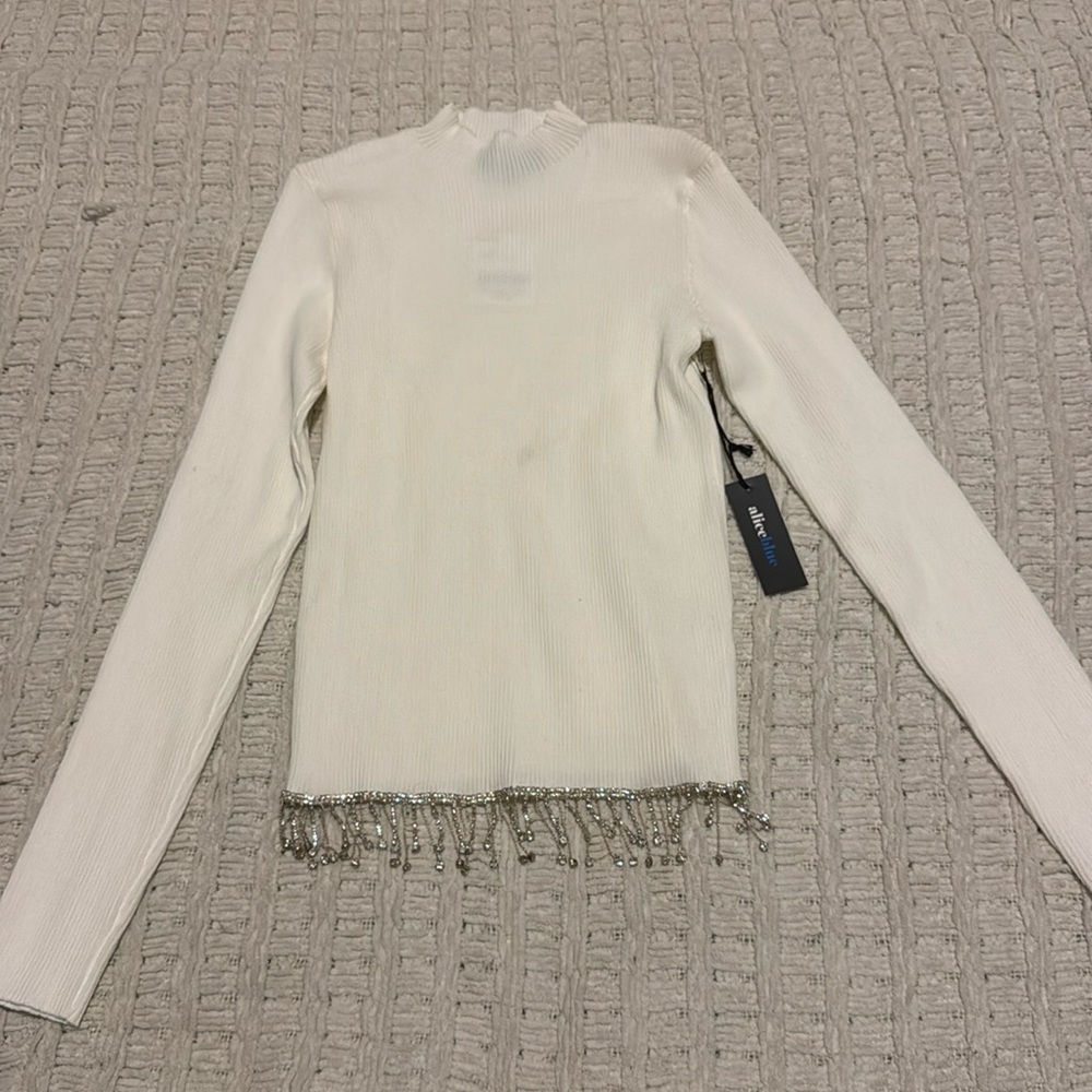 NWT Alice Blue White Ribbed Rhinestone Fringe Mock Nock